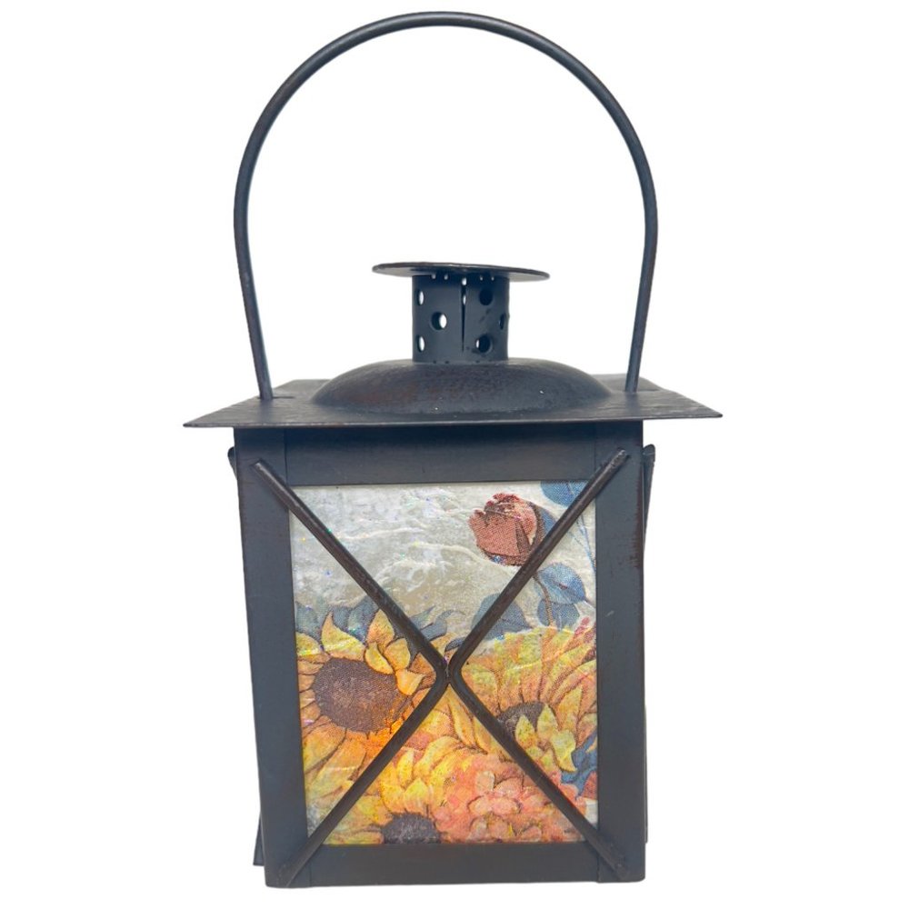 Hand Crafted Metal Lantern Decoupaged with Sunflower Paper and  Hand Painted